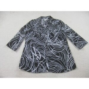 Fred David Shirt Womens Large Black White Button Front 3/4 Sleeve Stretch Blouse